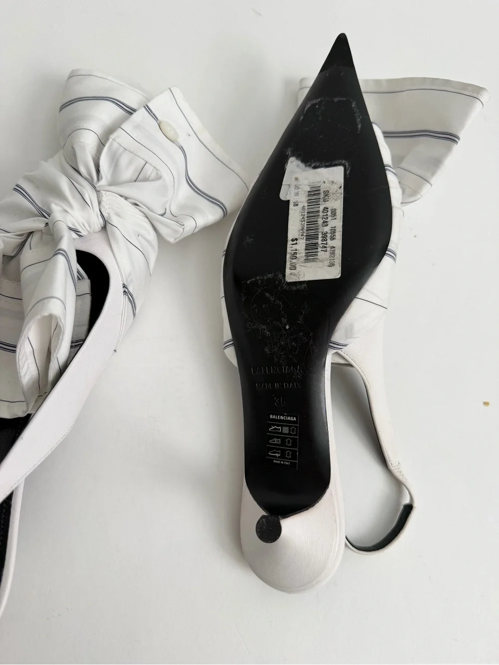 Balenciaga Nappa Stripe Poplin Knife Slingback Pumps With Bow And Sleeves 36
